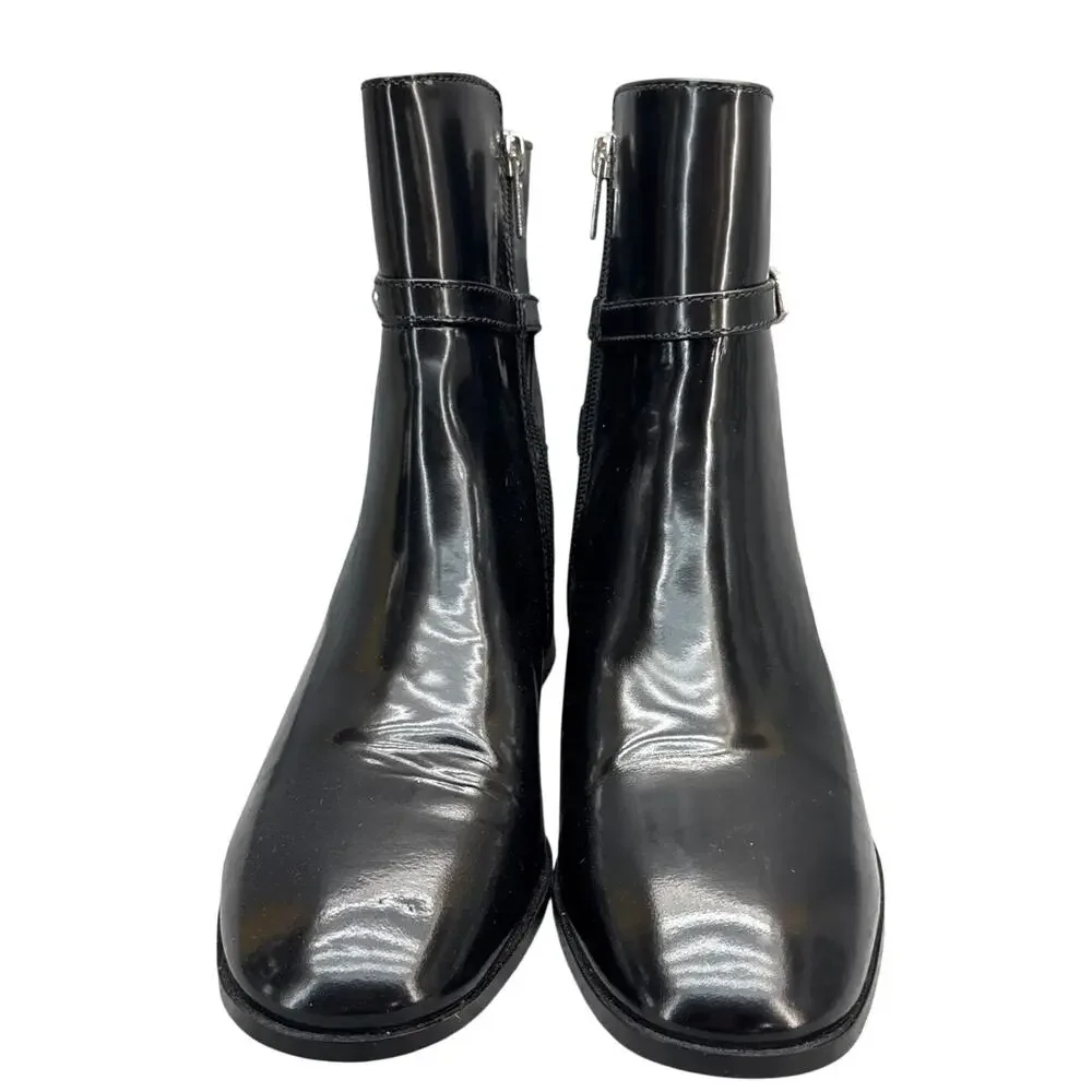Ann Taylor Black Patent Leather Side Zip Wraparound Buckle Ankle Boot Women 10